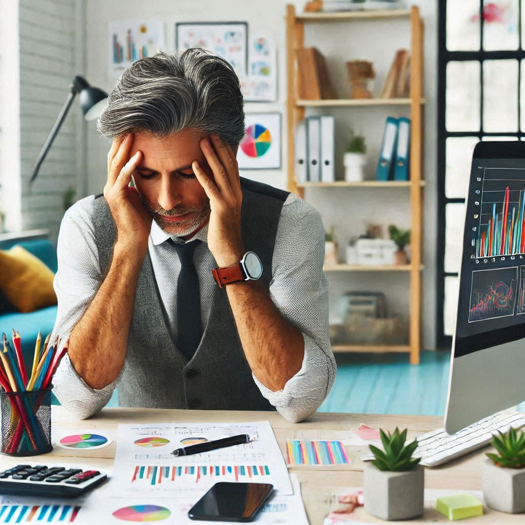 um adulto no ambiente de trabalho com dor de cabeça (1)