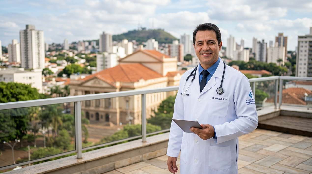 Médico profissional sorrindo com a paisagem urbana de Ribeirão Preto ao fundo, ilustrando o atendimento de planos de saúde na cidade.